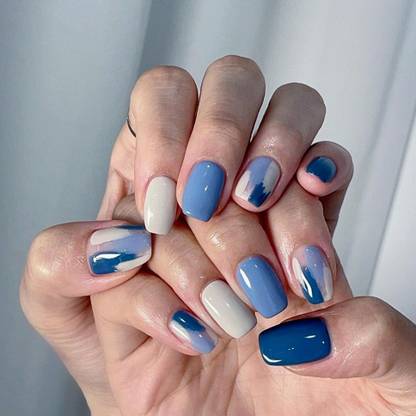 kyiesh KYEISH Reusable Designer Shades of Blue and Beige Canva Printed Press on Nails Blue
