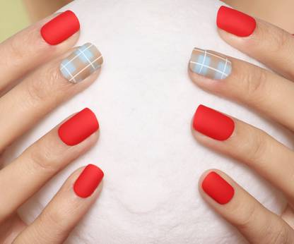 Lick - Press on Nails 30 Pcs Matte Red Acrylic Nails Set Nail Art Artificial/False Nails Extension Matte Red With Checkred Light Blue