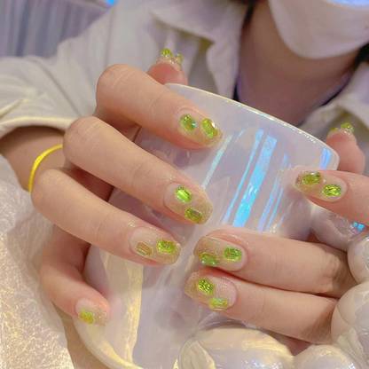 KILLFE Artificial Reusable Green Stone Décor Nails Set With Double-side Glue Sticker Green,Cream