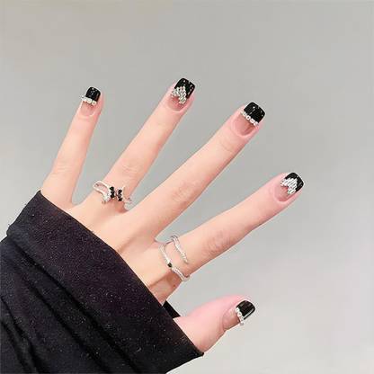 KILLFE Artificial Reusable Stone Décor Colorful Nails Set With Glue Black,Pink