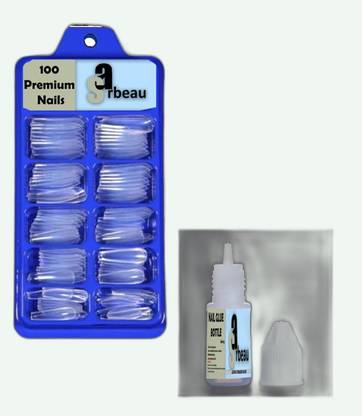 Sarbeau 200-Pcs Artificial Nails Set - 100 White & 100 Transparent and 2 Nail Glue_C_091 Transparent