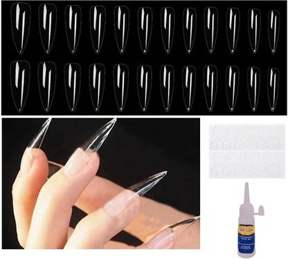 TBUY 48 Pcs Clear Stiletto Long False Finger Nails With Glue Sticker Clear