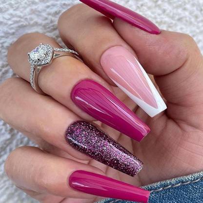 Buddy Jelly Trends Festive & Party Wear Unbreakable Press On Nails #50, Unique Pink Gloss' Glitter Multicolor
