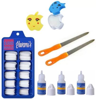 Yuvami's 100 Artificial Fake Nails WIth 3 Nail Glue 2 Filer 2 Wipes off white