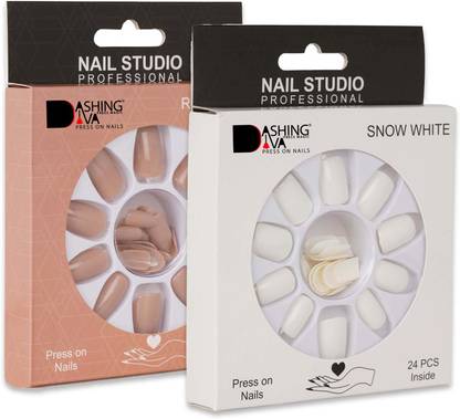 Dashing Diva Press Magic French Manicure Nail Extension Press on Nails With Quick Dry Nail Glue, Pack of2 Snow White, Rose Beige