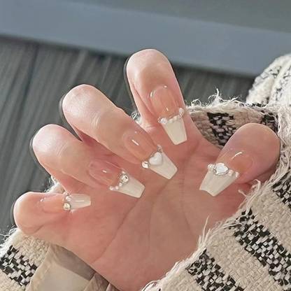 KILLFE Artificial Reusable 24Pcs White Pearl & Heart Décor Long Nails Set With Glue White,Cream