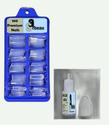 Sarbeau 200-Pcs Artificial Nails Set - 100 White & 100 Transparent and 2 Nail Glue_C_012 Transparent