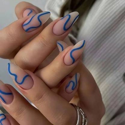 CHICIFY Almond Stiletto Press-on Nails with Blue Wave Design, Matte Finish Clear Base