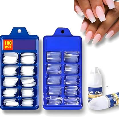 Morbee false Nails Set Of 100 Pcs White and 100 pcs Transparent With Nail 2 Glue a14 multi