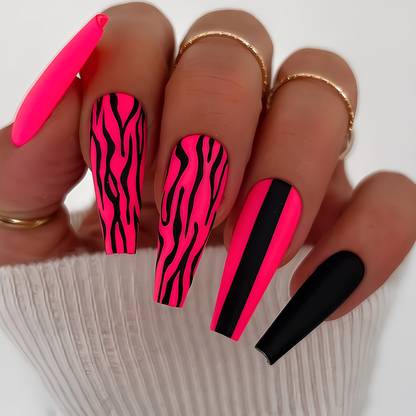 Shhagan Neon Zebra & Stripe Coffin Nails 1657 Neon Pink, Matte Black