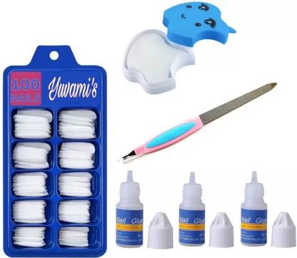 HIGHGLAM 100 nails with 3 Glue with 1 nail filer with 1 nailpolish remover wipes off white
