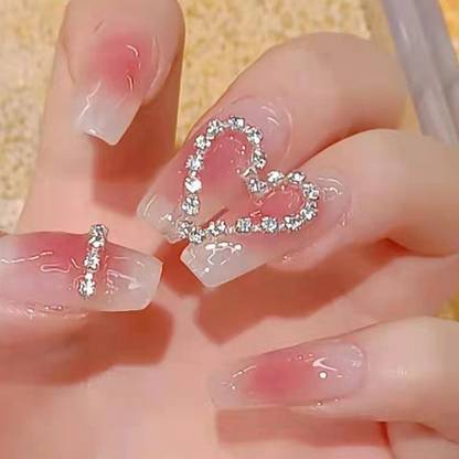 KILLFE Artificial Reusable Heart & Stone Décor Nails Set With Double-side Glue Sticker Pink,White