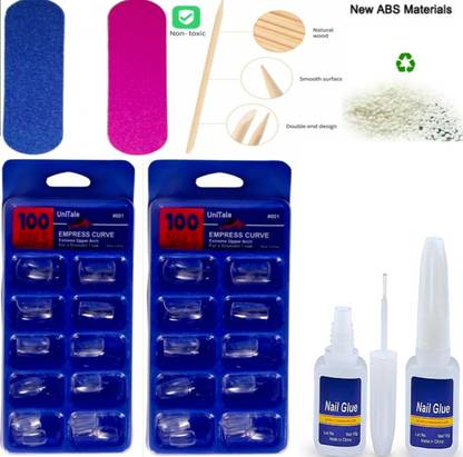 UniTale 200 Pcs Best Transparent Fake Nails Extension 2 Filer 1Cuticle Pusher 1Glue Transparent