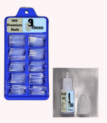 Sarbeau 200-Pcs Artificial Nails Set - 100 White & 100 Transparent and 2 Nail Glue_C_002 Transparent