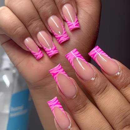 Shhagan Pink Zebra Print French Fake Artificial Press on Nails Glossy Finish, Long Square Shape