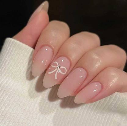 FWS Fashionworldshop Glossy Nude with Bow Shape Round Almond Nude