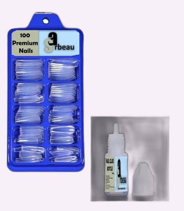 Sarbeau 200-Pcs Artificial Nails Set - 100 White & 100 Transparent and 2 Nail Glue_C_098 Transparent