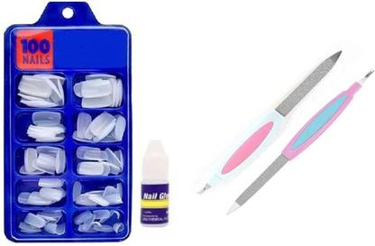 ROODILES 100 White False Nails with Glue & 2 Nail Files – Full Nail Extension Kit WHITE