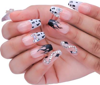 SECRET LIVES Designer artificial nails extension light pink color with black fire & 3D teddy & bow with studs