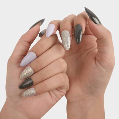 Emqueen Lavender and Grey Color Reusable Press On Nails Lavender and Grey Color