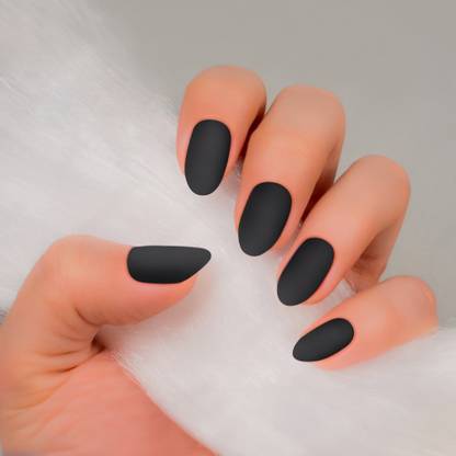 Bella Monza 24 Pcs Artificial Fake Nail Set with Glue, Reusable Stick On Nails Kit For Women Matte Black