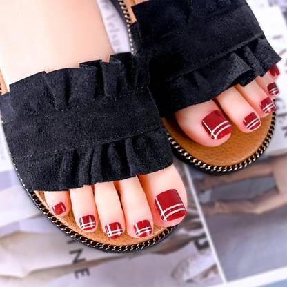 ZOONA 24 Reusable Artificial Fake Nail Set| Lightweight & Long Lasting| Easy To Use Maroon_line
