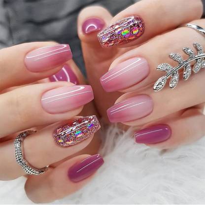NAKHI 24 Artificial Fake Nail Set |Base Baby Pink colour with Jari Design Glossy Nails Baby Pink