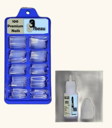 Sarbeau 200-Pcs Artificial Nails Set - 100 White & 100 Transparent and 2 Nail Glue_C_087 Transparent