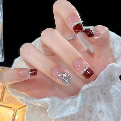 KILLFE Artificial Reusable Stone Décor Long Colorful Nails Set of 24Pcs With Glue Maroon,Pink