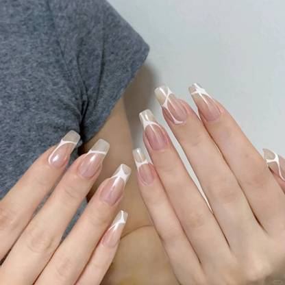 NAKHI 24 Reusable Artificial Nail Set | Base Peach colour Design Nails Peach