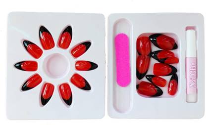 BUZIVENTURES 24PC/SET BEAUTIFUL RED&BLACK ARTIFICIAL REUSABLE NAILS WITH NAIL GLUE RED BLACK, colorful