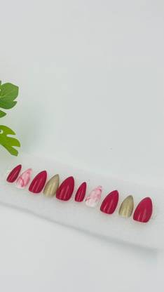 Dipkish Collection Acrylic Red nails with Glitter and Marble Nail stick Ons for easy everyday use Red with marble and glitter