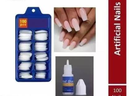 Glowsync Artificial Reusable Nails Set With Glue For Girls (Pack of 100 nails ) White
