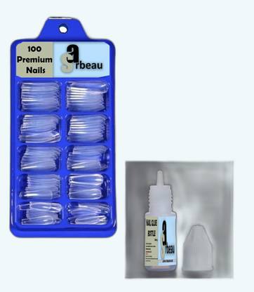 Sarbeau 200-Pcs Artificial Nails Set - 100 White & 100 Transparent and 2 Nail Glue_C_077 Transparent