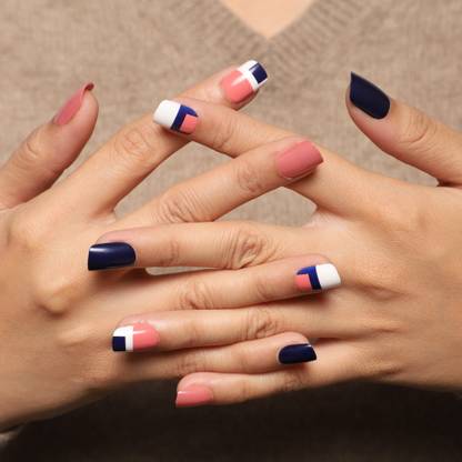 Lick - Press on Nails Artificial NailsSet Matte Dark Blue Square Shape Royal Blue With White Base And Golden Detailing