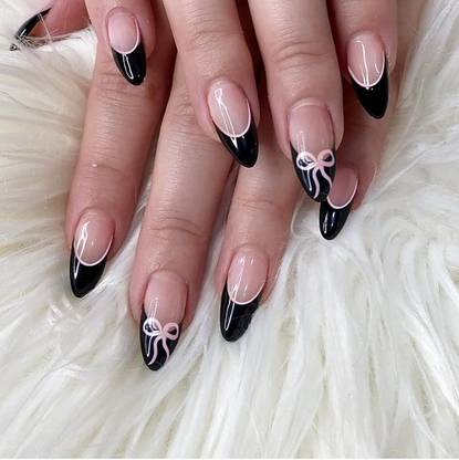 NAKHI 24 Fake Nail Set Base Peach colour with Black tip with Bow Design Glossy Nails Peach
