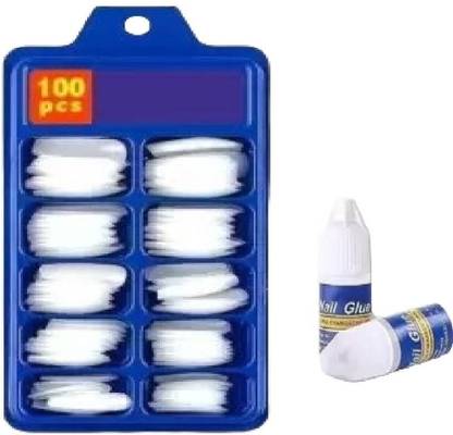 NITAJ Fake Long Transparent Nails For Women (1 Pack = 100 Nails) With Glue Set White