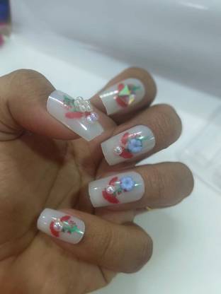 PMW White Color 3D Artificial Nails With Red Flower Design - Pack Of 12 White Color
