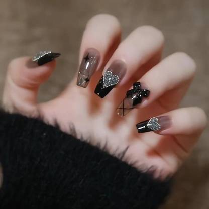 The Pink Truck Set of 24 Artificial Reusable nails in Black with heart tip Design with glue Black