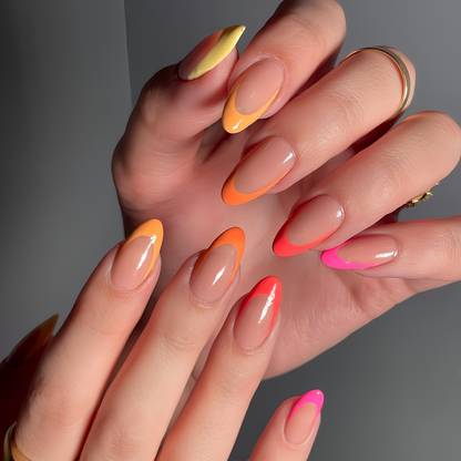 Shhagan Colorful Round French Fake Artificial Press on Nails Glossy Finish, Oval Shape
