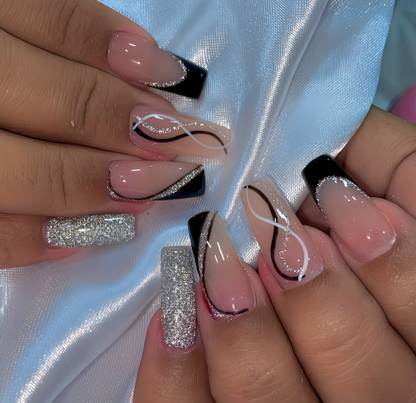 Shhagan Designer High Quality Press on nails-b3040 Sheer nude, Black, Silver (glitter) and White (swirl)
