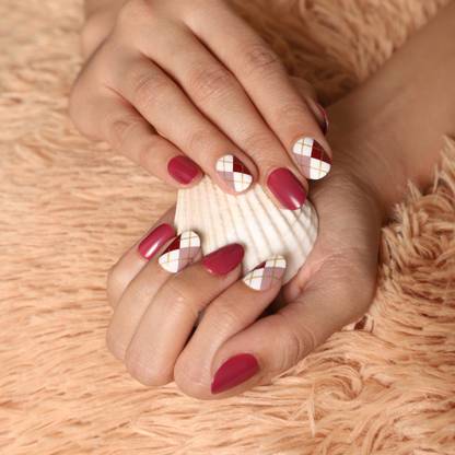 Lick - Press on Nails 30 Pcs Dark Pink Artificial Reusable False/Fake Acrylic Nails Extension Nail Art Oval Shape Dark Pink Ombre With Geometric Print