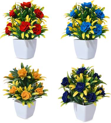 Anuash Set of 4 Rose Flower For Decoration Table Office table Bonsai Wild Artificial Plant with Pot