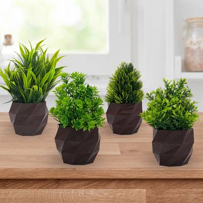 JJ Plastic Pack of 4 Artificial Grass plants in Modern Patterned Pots for Modern Decoration Bonsai Wild Artificial Plant  with Pot