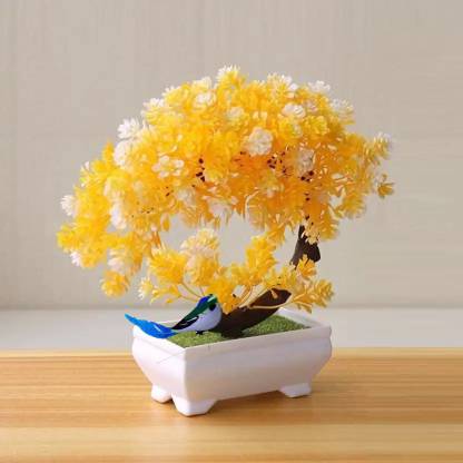 ductor natural looking bonsai yellow tree plant with bird. H~20Cm Bonsai Wild Artificial Plant  with Pot
