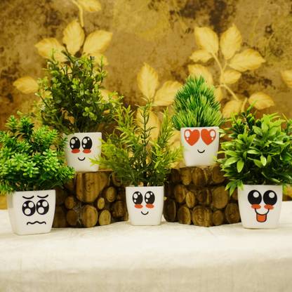 Asharya Decorating- 5 Mini Cute Potted Plants, Fake Plant Home, Office, Room Décor, Faux Bonsai Wild Artificial Plant  with Pot