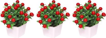NERAPI Set of 3 Natural looking wild cherry plant with green leaf for home/office décor accent, Bonsai Artificial Plant  with Pot
