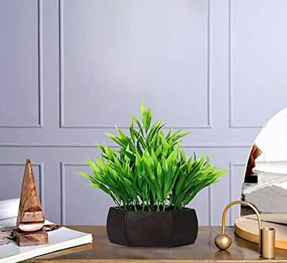 TRUTHCART Plastic & Wood Artificial Bamboo Leaves Plant with Wood Hexagon Pot Artificial Plant  with Pot