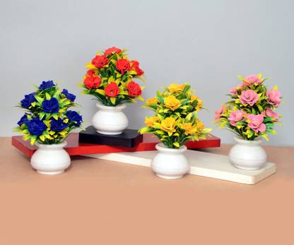 NERAPI Set of 4 Multicolored Exotic Design Rose Flower Plant, Bonsai Wild Artificial Plant  with Pot