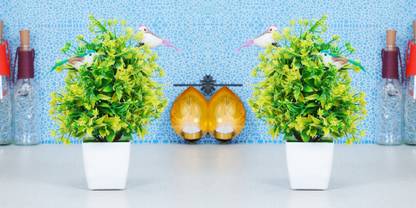 Dekorly Artificial Fancy Plants Desktop Table Decoration Bonsai [PACK OF 2 Green] Bonsai Wild Artificial Plant  with Pot